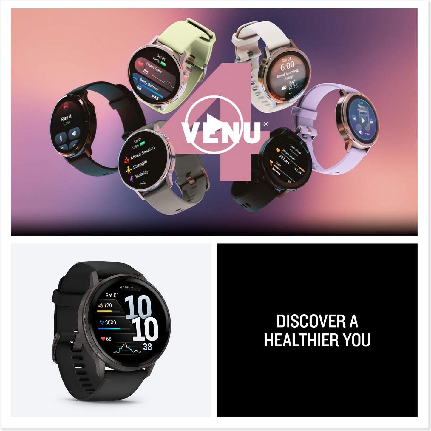Garmin Venu 4 45mm - GPS smartwatch, AMOLED touchscreen, 24/7 advanced health & fitness tracking, 80+ sports apps, flashlight, ECG, sleep monitor, up to 12 days battery life, Slate/Black