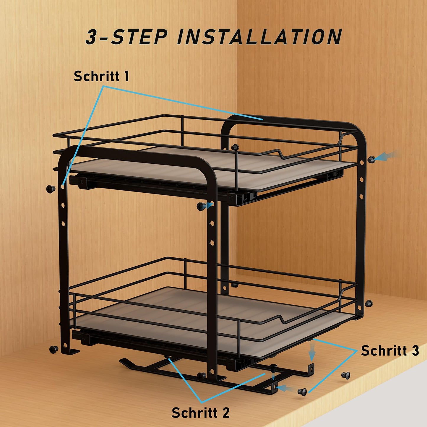 MAYZOLOP Pull out Spice Rack, 2-Tier Metal Spice Rack with Adjustable Height for Inside Cupboard, Kitchen Cupboard Organiser Storage Rack, 9.1in W x 10.4in L x 9in H