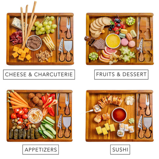Wooden Cheese Board and Knife Set - Wooden Serving Board/Tray Made of Acacia, an Upgrade from Bamboo Charcuterie Boards - Includes Serving Platters and Cheese Knives - Any Occasion Gift Set - BlauKe®