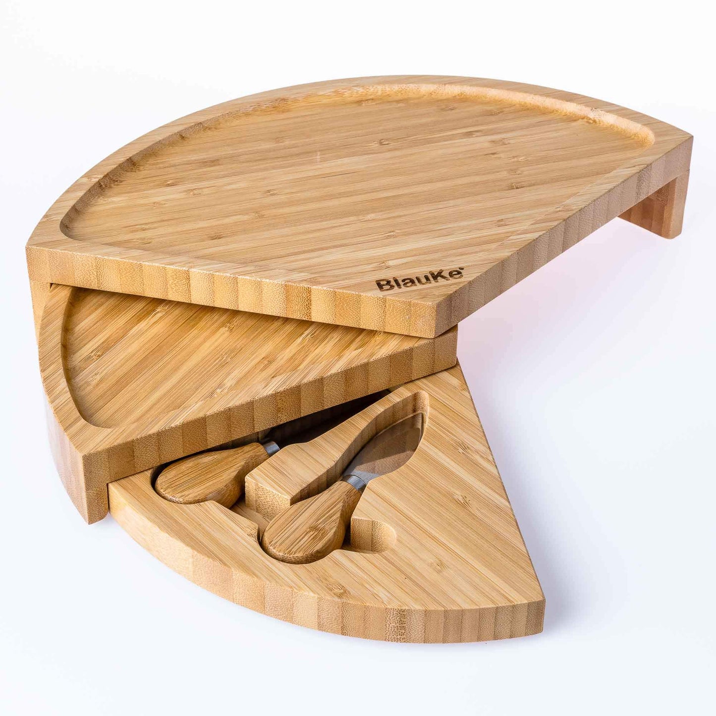 BlauKe® Bamboo Cheese Board and Knife Set – 37cm Round Charcuterie Board, Serving Platter, Slide-Out Drawer, Cheese Knives – Wooden Cheese Board Gift Set