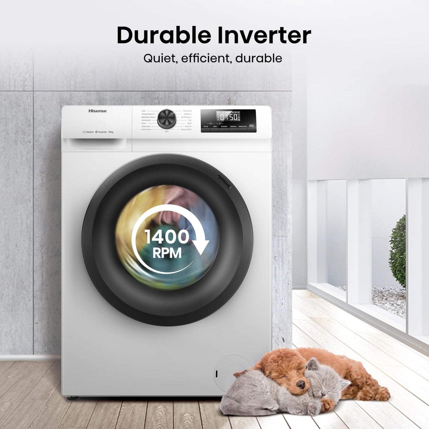 Hisense 1Q Series WF1Q9041BW Freestanding 9 KG Front Load Washing Durable Inverter Machine, Steam Wash, Quick Wash, 15 Washing Programs 1400 RPM White - Energy Rating A