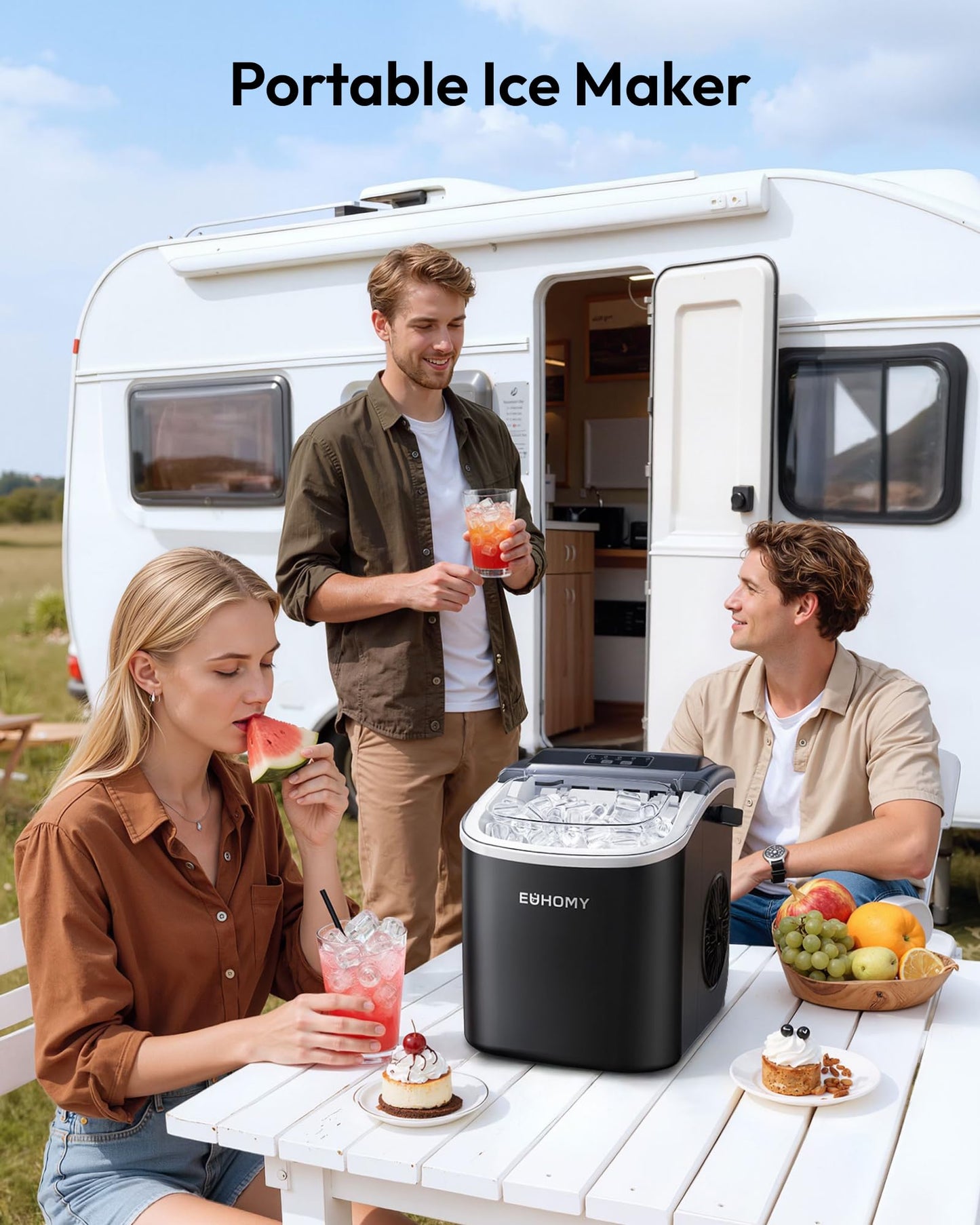 EUHOMY Ice Maker Machine Countertop Ice Cube Maker, Self-Cleaning Function,9 Cubes in 6 Mins,Portable Ice Cube Maker Machines with Ice Scoop & Basket for Home/Kitchen/Office/Bar, Black