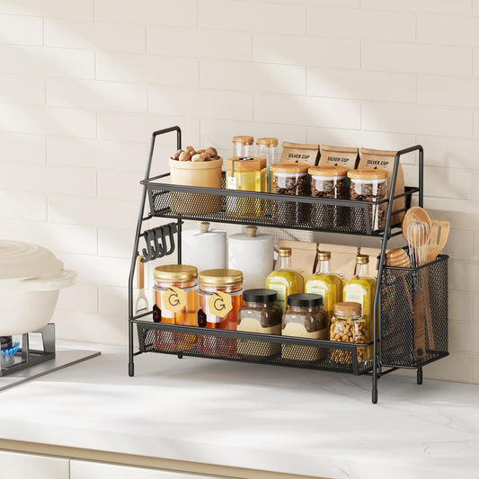 VITVITI Spice Racks, 2 Tier Cupboard Shelf Organiser with 4 Hooks and Side Basket, Kitchen Essentials for Accessories Storge, Desktop Organizer for Kitchen, Dining Room, Office - Black
