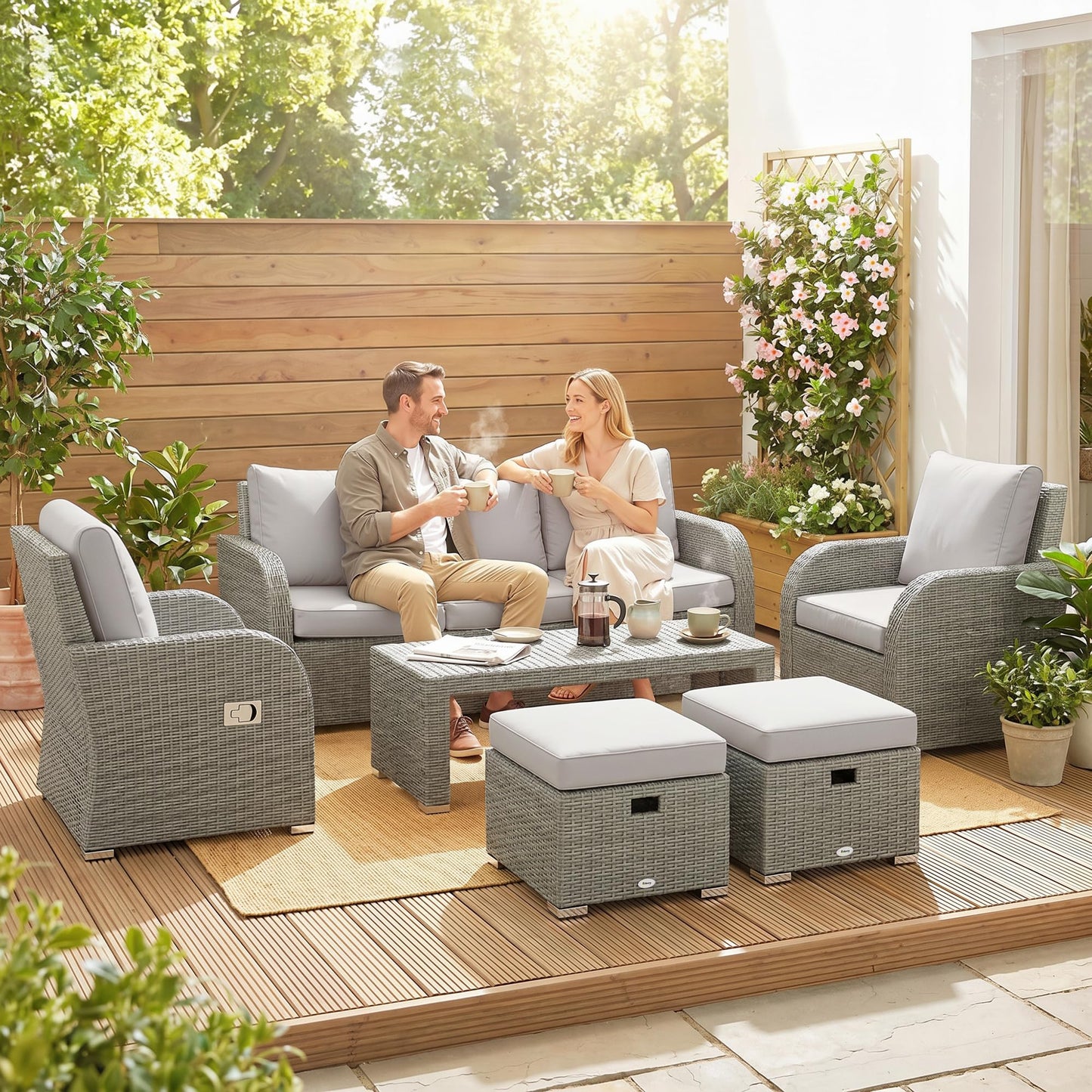 Outsunny 7 Seater Rattan Garden Furniture Set, 2 Reclining Chairs, 3 Seater Sofa, Coffee Table, Footstools, Space-Saving 6 Piece Outdoor Patio Furniture Conversation Set with Cushions, Light Grey