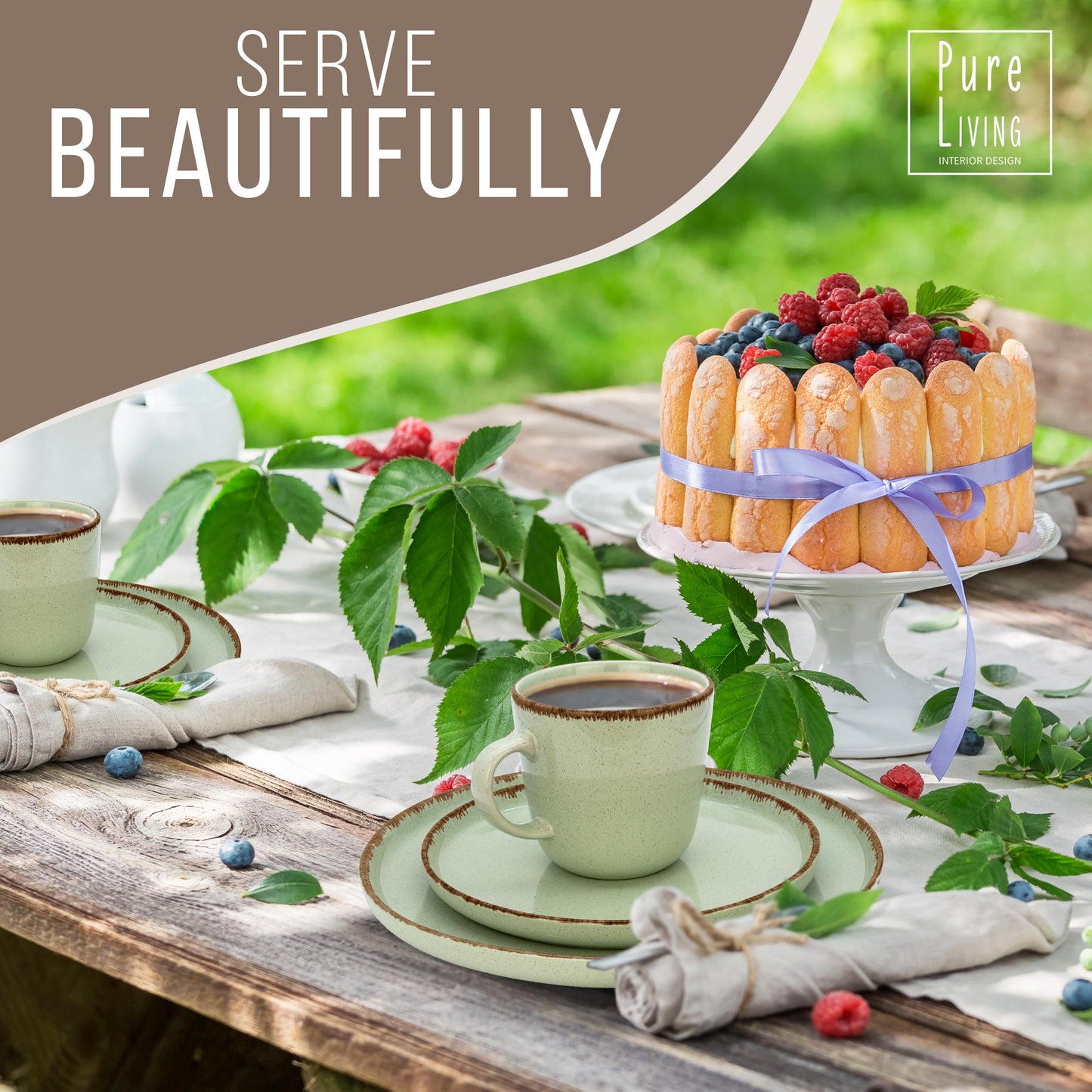 24 piece Dinner Sets for 6 People - Beautiful Country Style Stoneware Dinner Set for 6 - Dishwasher & Microwave Safe Plates and Bowls Set for 6 - Dinnerware Sets by Pure Living in Mint Green