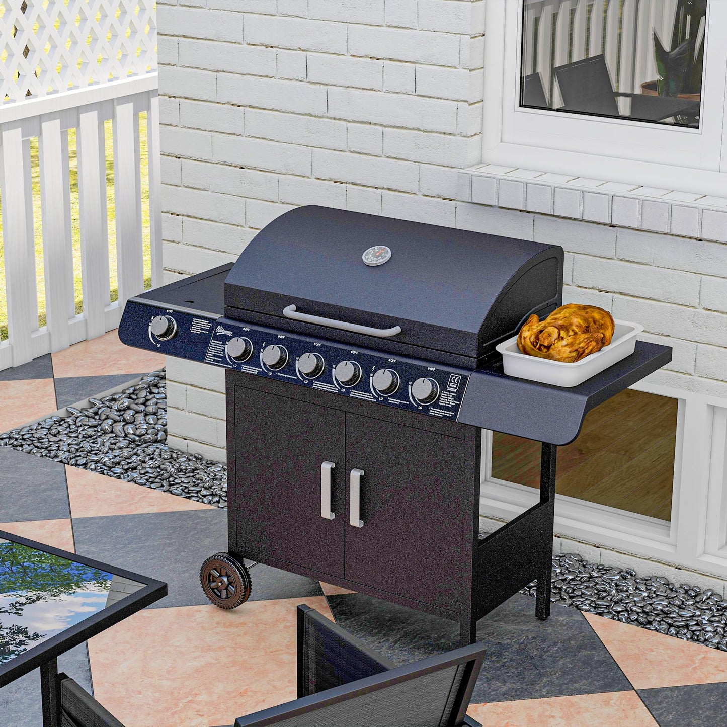 Outsunny 6+1 Burner Gas BBQ Grill, Outdoor Barbecue Trolley with Wheels, Warming Rack, Side Shelves, Cabinet, Thermometer for Garden, Party, Camping, 135 x 51.5 x 100cm, Black