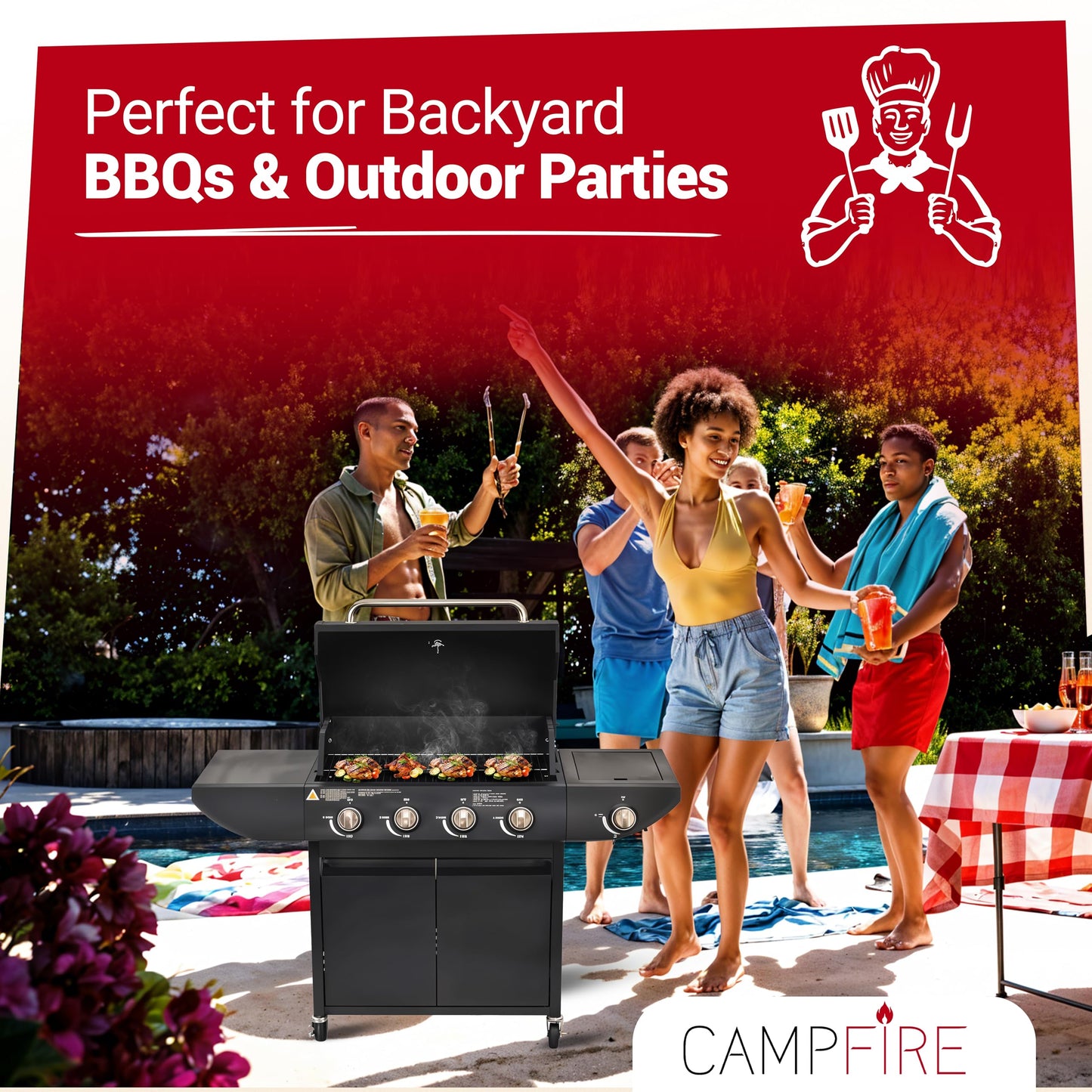 Campfire Original Barbecue BBQ 5 Gas Burner 4+1 Garden Grill, Steel Warming Rack, Side-Burner, Storage & Built-in Temperature Gauge for Home Garden Party Outdoor Cooking