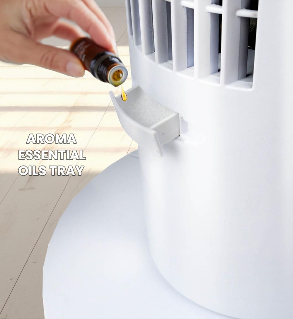 PureMate 31-inch Tower Fan with Oscillating & Aroma Function, 3 Adjustable Speeds, Ultra- Quiet Cooling and Powerful 60W Motor, Portable Bladeless Energy-Efficient Electric Fan for Home and Office