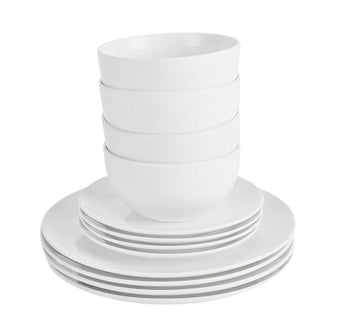 compare product 12PC Dinnerware Porcelain White Set: 4 Dinner Plates, 4 Side Plates & 4 Bowls. Dishwasher & Microwave Safe.