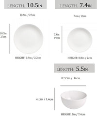12PC Dinnerware Porcelain White Set: 4 Dinner Plates, 4 Side Plates & 4 Bowls. Dishwasher & Microwave Safe.
