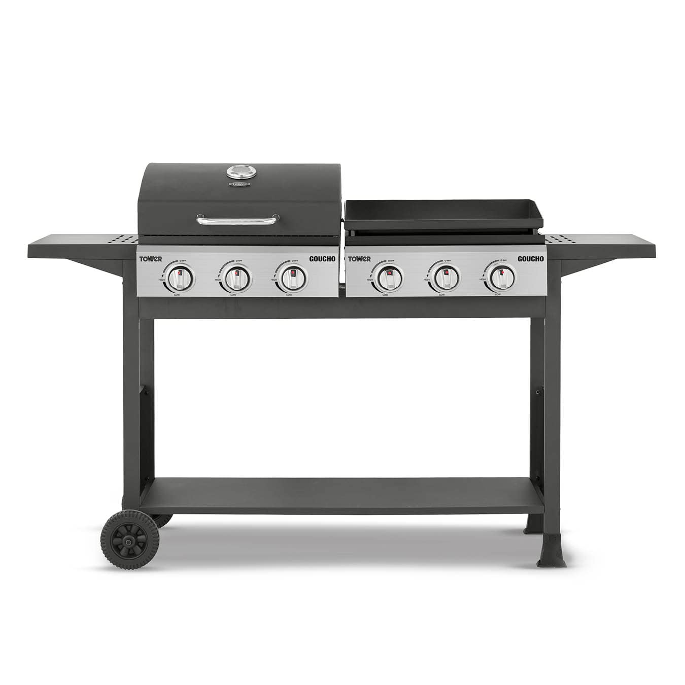 Tower Goucho, 6 Burner Gas BBQ and Plancha with Precision Heat Thermometer and Waterproof Cover, Black, T978544