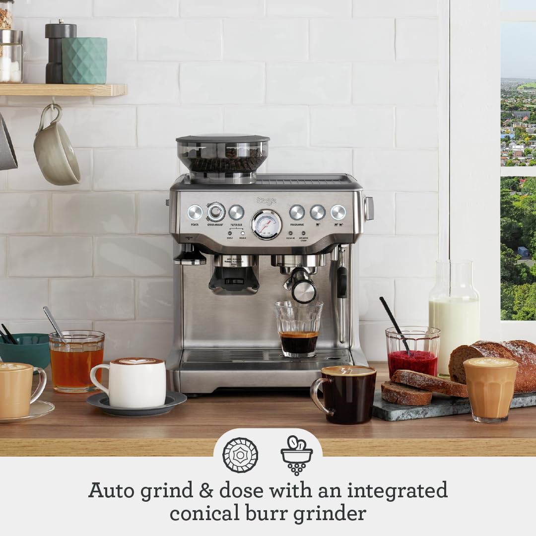 Sage Barista Express, Manual Tamping, Standard Milk Jug, Bean to Cup Coffee Machine with Grinder, Manual Milk Frother, Brushed Stainless Steel