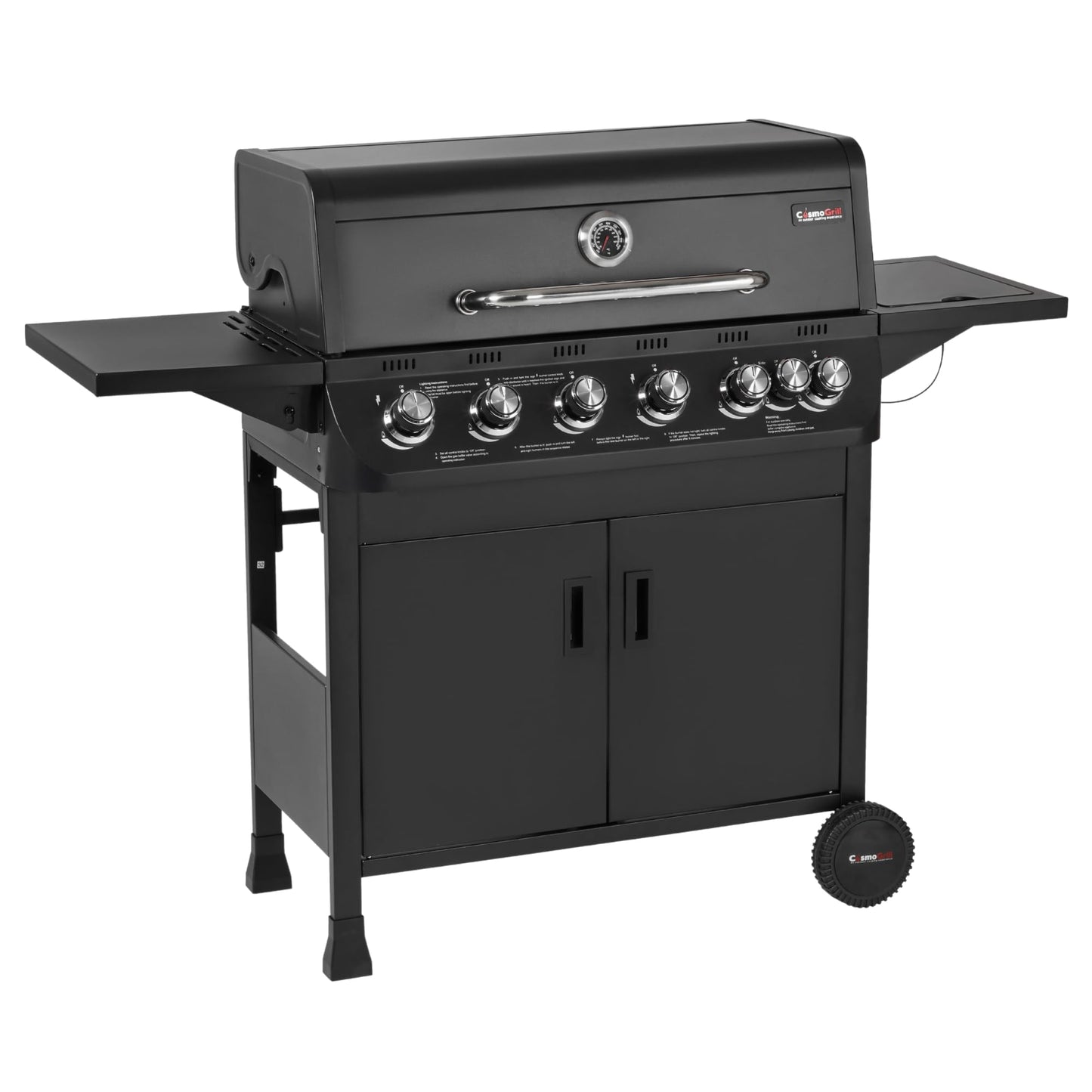 CosmoGrill NEW Emberr 7 Gas Burner 6+1 Barbecue Grill, Porcelain Warming Rack, Propane Gas Regulator Hose, Side-Burner, Storage, Wheels Built-in Temperature Gauge for Home Garden Party Outdoor Cooking