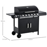 Outsunny 6+1 Burner Gas BBQ Grill, Outdoor Barbecue Trolley with Wheels, Warming Rack, Side Shelves, Cabinet, Thermometer for Garden, Party, Camping, 135 x 51.5 x 100cm, Black