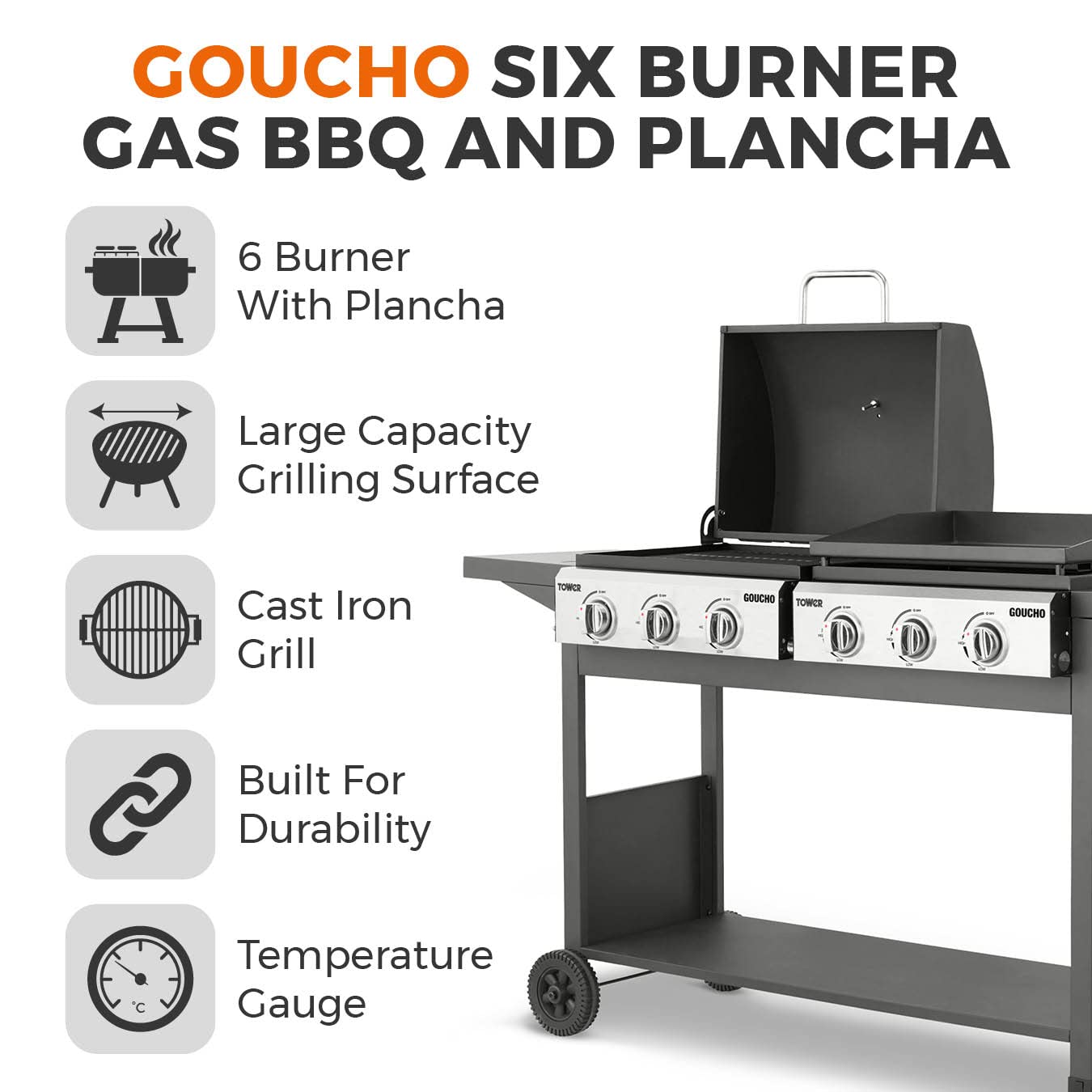 Tower Goucho, 6 Burner Gas BBQ and Plancha with Precision Heat Thermometer and Waterproof Cover, Black, T978544