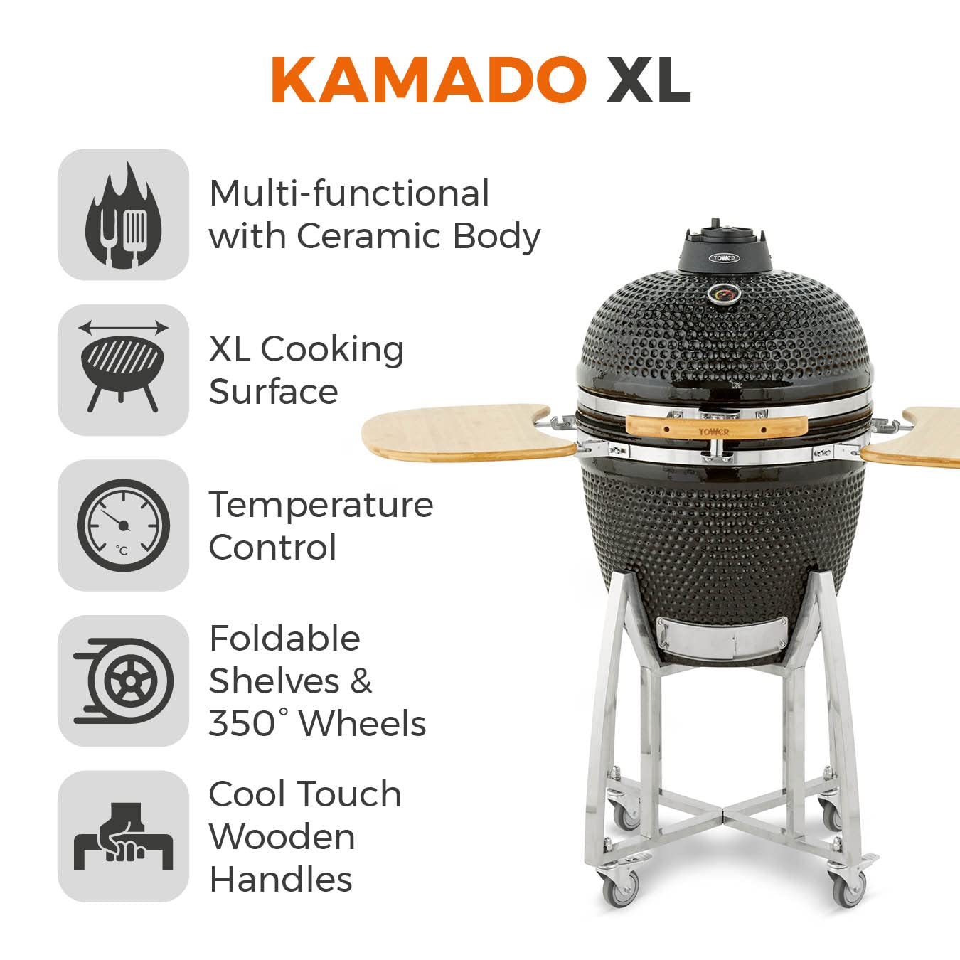 Tower Kamado XL Ceramic Charcoal BBQ with Collapsible Wooden Shelves, Built-in Thermometer and Waterproof Cover, Black, T978532