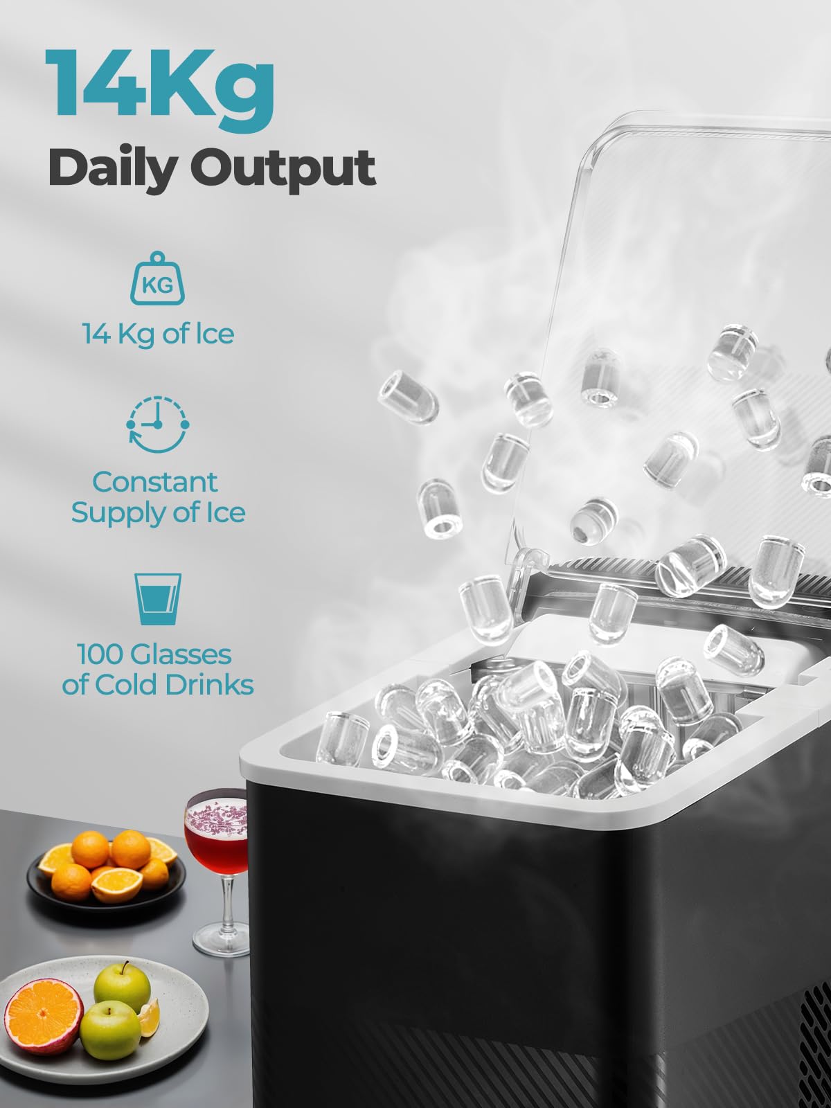 FOHERE Ice Maker Machine Countertop, 14KG Ice Cube Maker with Self-Cleaning Function, 9 Cubes in 5 Mins, 2 Bullet Ice Sizes, Portable Ice Machine with Ice Scoop & Basket (Black)