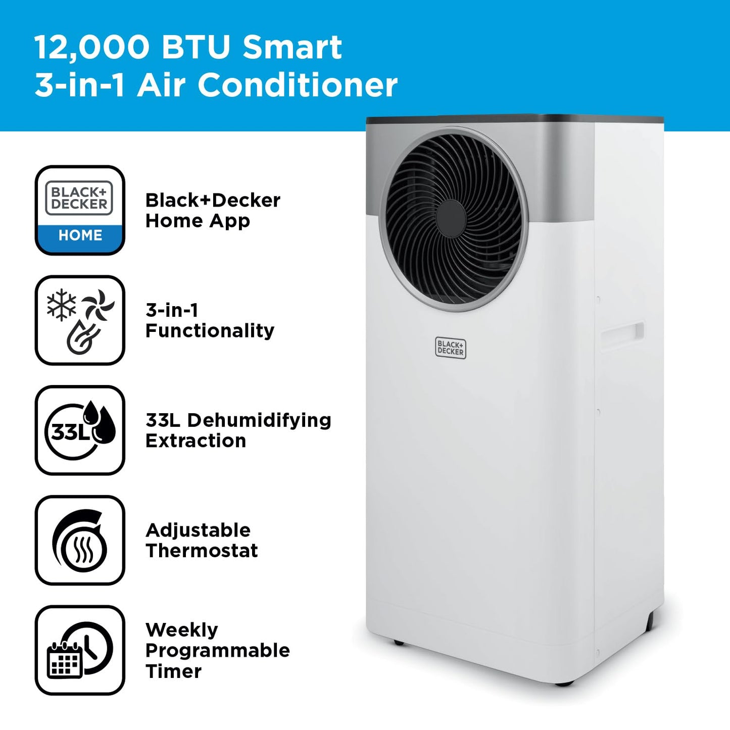 BLACK+DECKER 12,000 BTU Smart Air Conditioner, 3-in-1 Functionality, Dehumidifier & Fan, Portable Design, Power Memory Function, White, BXAC40035GB