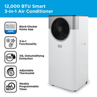 BLACK+DECKER 12,000 BTU Smart Air Conditioner, 3-in-1 Functionality, Dehumidifier & Fan, Portable Design, Power Memory Function, White, BXAC40035GB