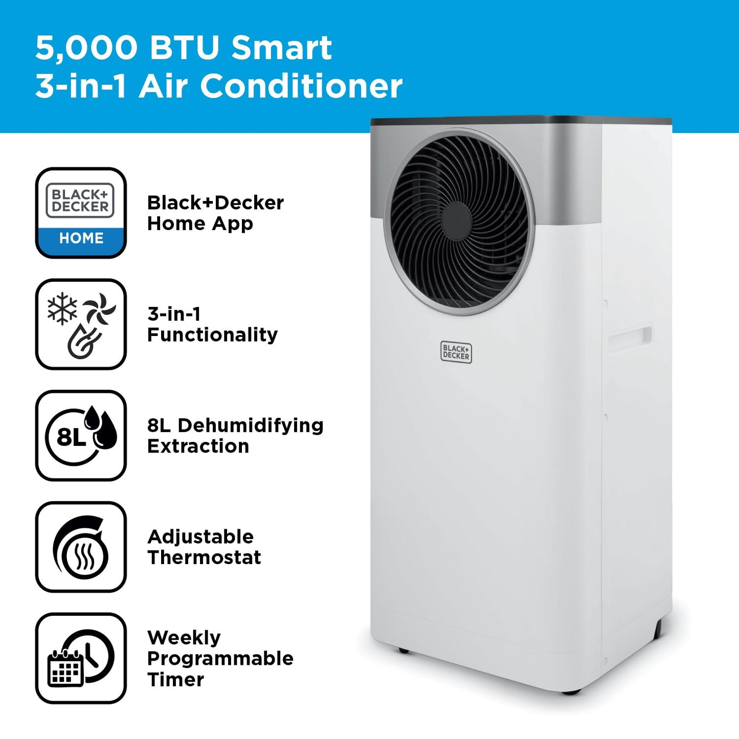 BLACK+DECKER 5,000 BTU Smart Air Conditioner, 3-in-1 Functionality, Dehumidifier & Fan, Portable Design, Power Memory Function, White, BXAC40032GB
