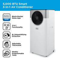 BLACK+DECKER 5,000 BTU Smart Air Conditioner, 3-in-1 Functionality, Dehumidifier & Fan, Portable Design, Power Memory Function, White, BXAC40032GB
