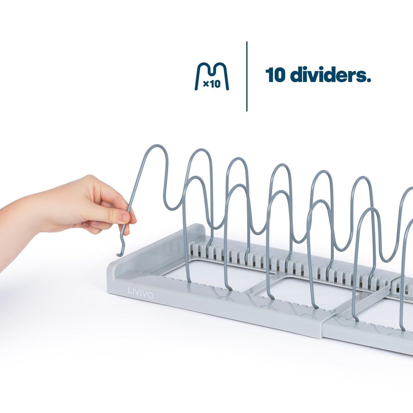 LIVIVO Expandable Pan Lid Organiser Rack Holder - 10 Adjustable Dividers - Non Slip Feet - Perfect For Pots, Pans, Chopping Board, Baking Trays - Kitchen Drawer Cupboard Organiser