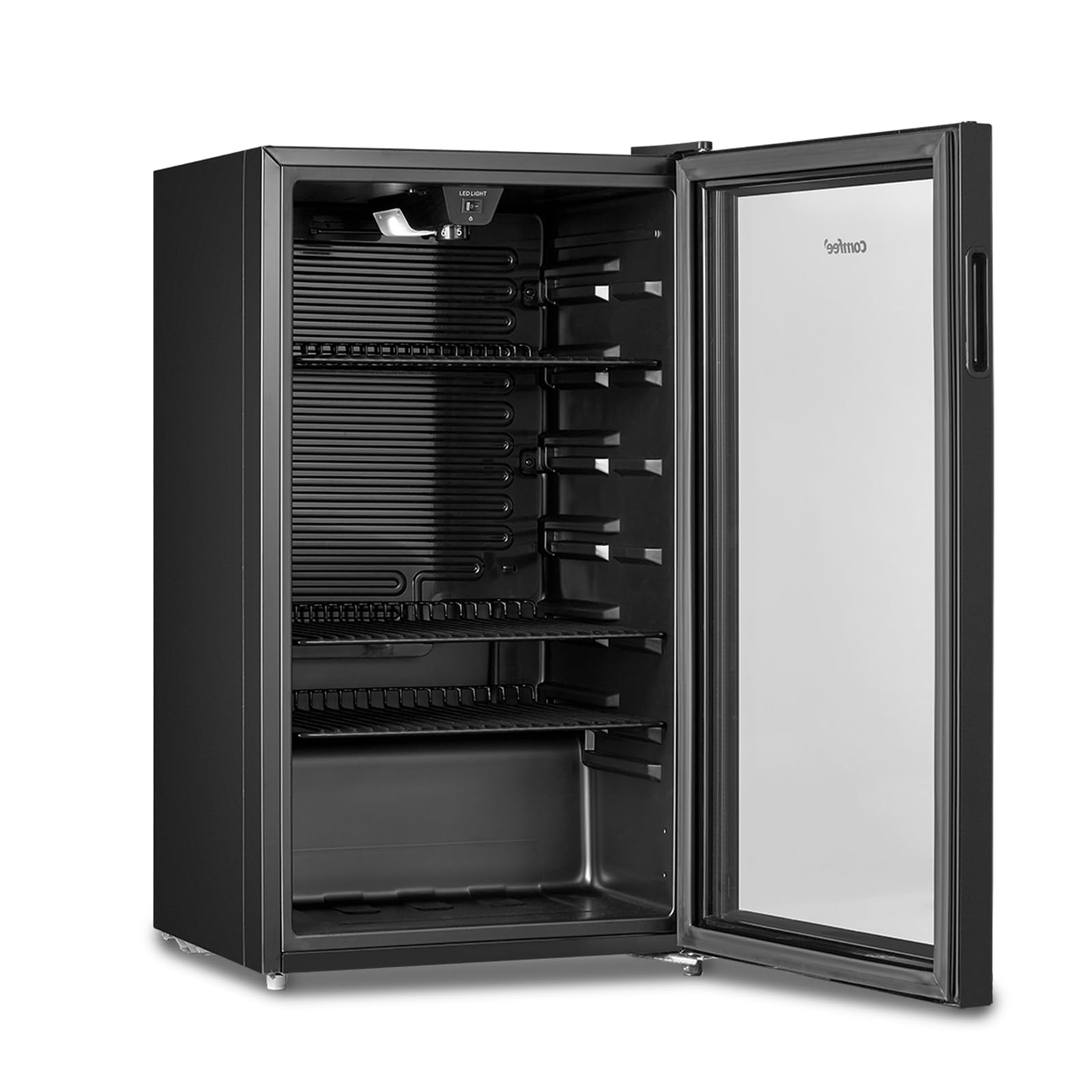 COMFEE' RCZ99BG2(E) Under Counter Beer & Drinks Fridge-93L Capacity,Holds up to 115 Cans, Premium Temperature Performance (2℃ to 15℃), Glass Door, Removable Shelves, LED Light, Low Noise