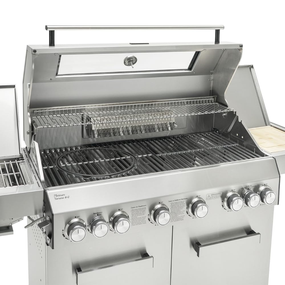 CosmoGrill 8 Burner Stainless Steel Yamara 6+2 Gas BBQ, Viewing Glass, 6 Main Burners, 1 Ceramic Sear Burner, 1 Back Burner, Cast Iron Grills & Bamboo Storage (Silver with Cover)