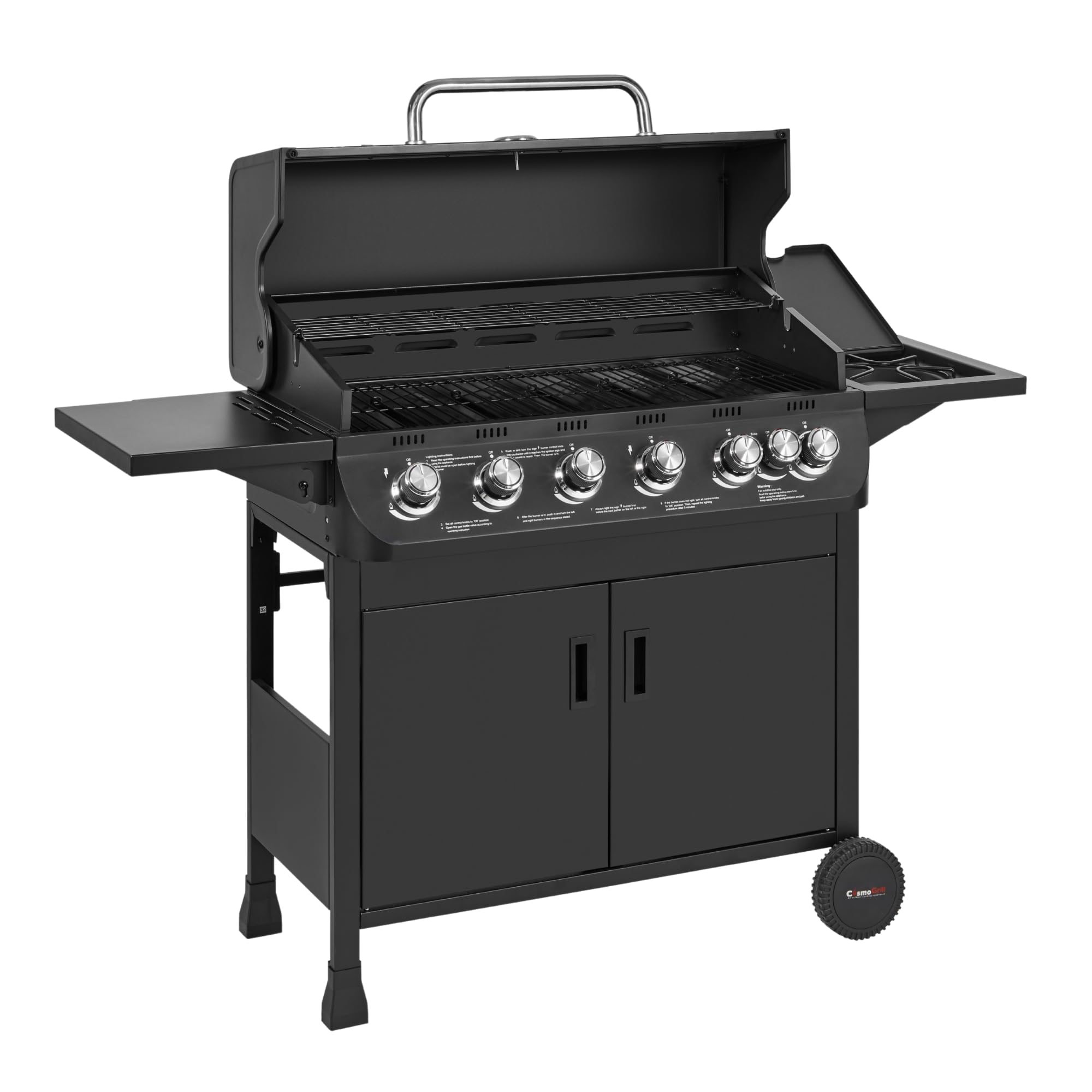 CosmoGrill NEW Emberr 7 Gas Burner 6+1 Barbecue Grill, Porcelain Warming Rack, Propane Gas Regulator Hose, Side-Burner, Storage, Wheels Built-in Temperature Gauge for Home Garden Party Outdoor Cooking