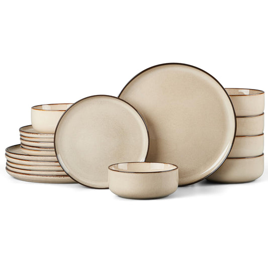 HaWare 18 Piece Dinner Set, Stoneware Dinnerware Service for 6, Reactive Glaze Dining Ware Include Plates and Bowls, Chip and Scratch Resistant, Microwave & Dishwasher Safe, Cream Khaki
