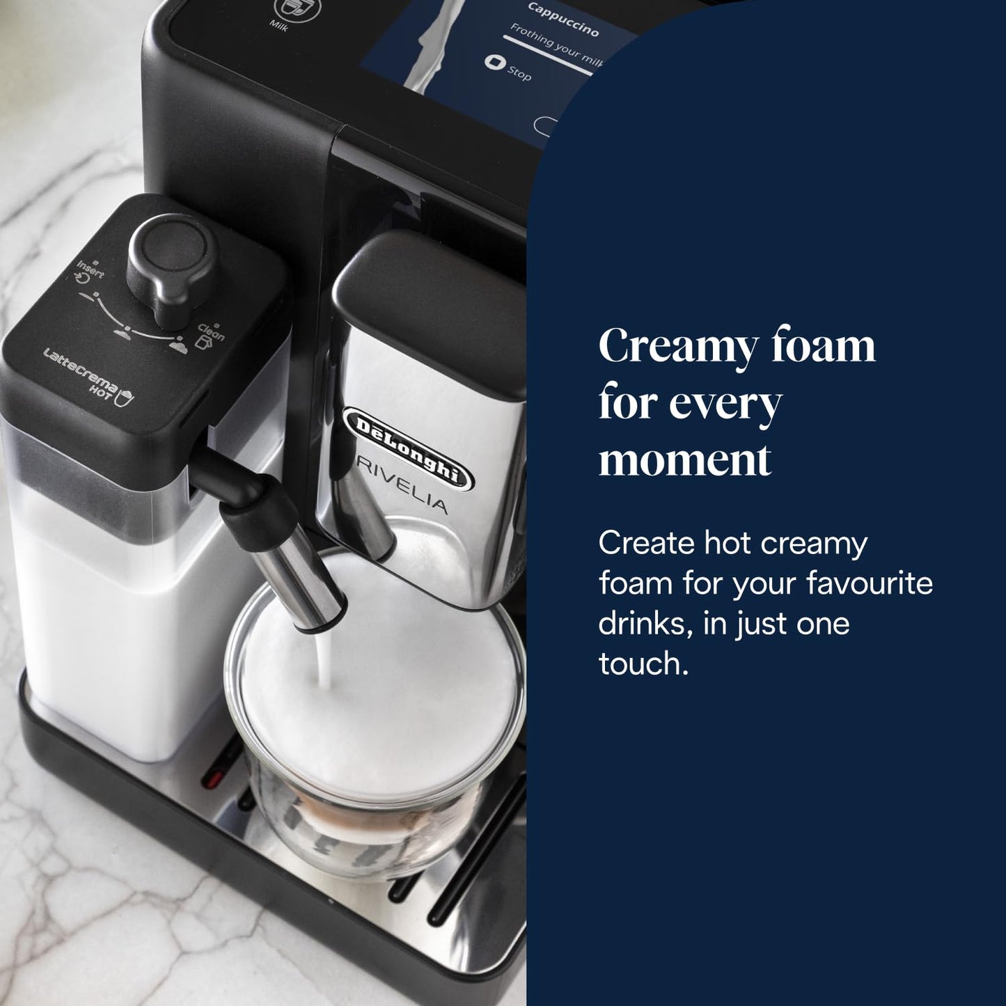 De’Longhi Rivelia - Perfetto Automatic Coffee Machine with LatteCrema Automatic Milk Frothing, 16 One-Touch Drinks, Colour Touch Display, Interchangeable Hoppers, Black (EXAM440.55.B)
