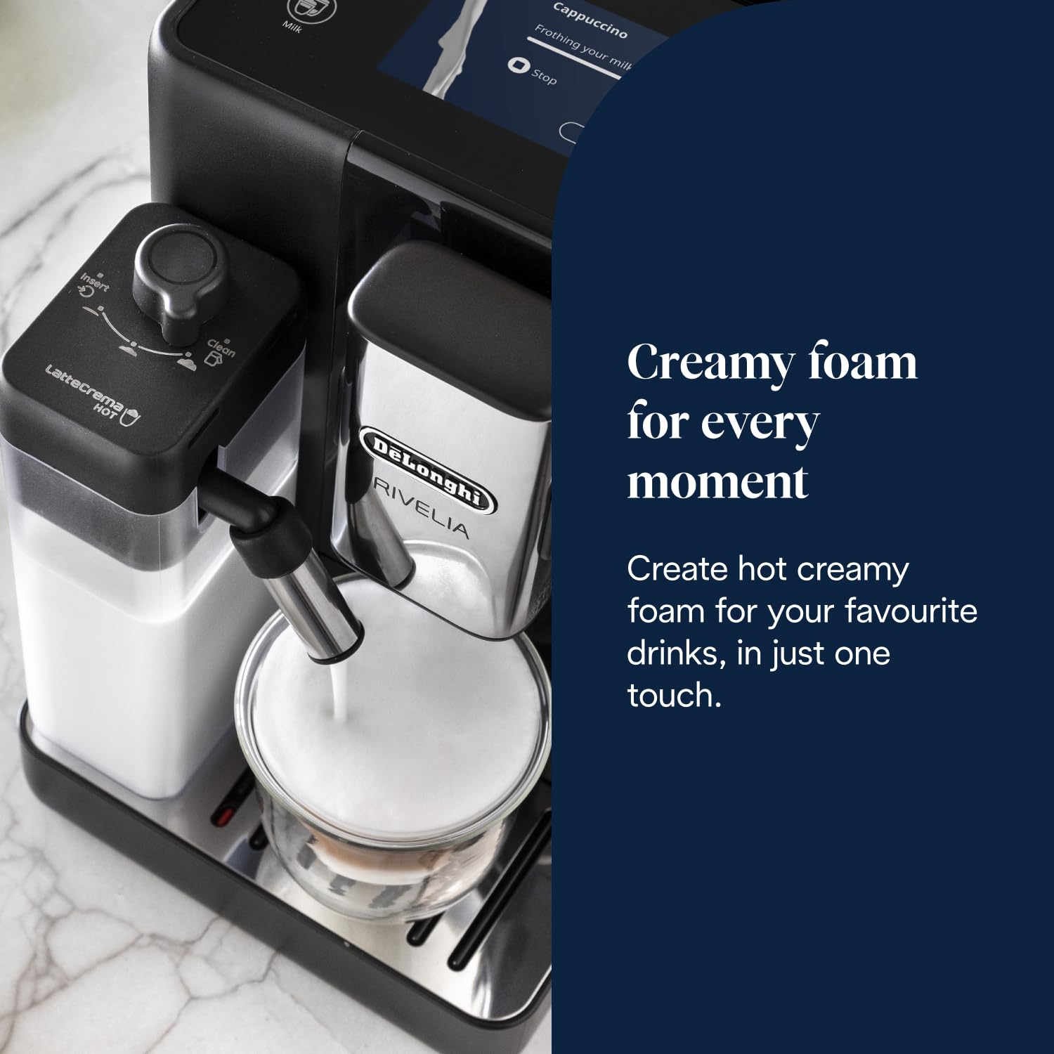 De’Longhi Rivelia - Perfetto Automatic Coffee Machine with LatteCrema Automatic Milk Frothing, 16 One-Touch Drinks, Colour Touch Display, Interchangeable Hoppers, Black (EXAM440.55.B)