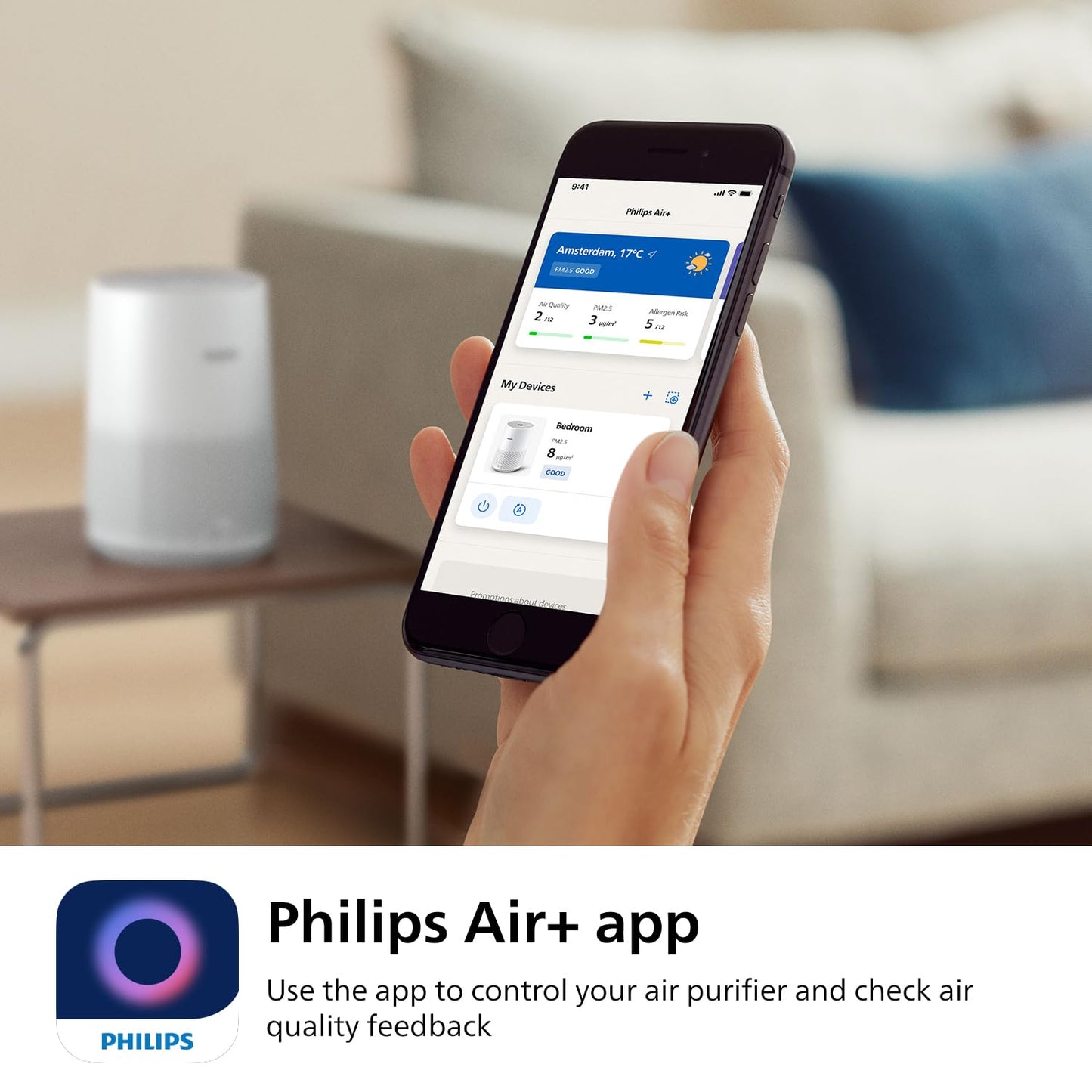 Philips Air Purifier 600 Series, Energy Efficient with Smart Sensor, For allergy sufferers, HEPA filter removes 99.97% of pollutants, Covers up to 44m2, App control, White (AC0651/10)