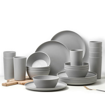 compare product 24 Piece Dinnerware Set, Unbreakable Plastic Plates Bowls Cups Set, BPA Free Reusable Tableware for Camping, Picnic, Home, Kitchen, Dishwasher Safe (Grey)