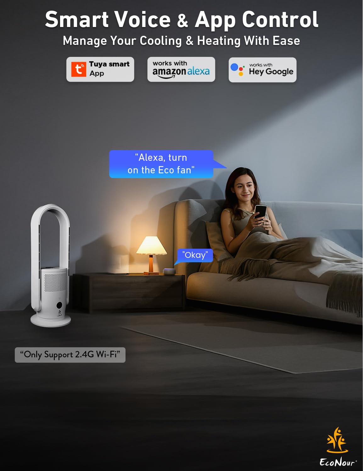 EcoNour 3-in-1 Bladeless Tower Fan with Heater, Cooler & Air Purifier + Advanced UV-C Sterilization, Sleep Mode | 9 Speeds, Fast Heating, Quiet, App Control, Alexa & Google Assistant Support & Remote
