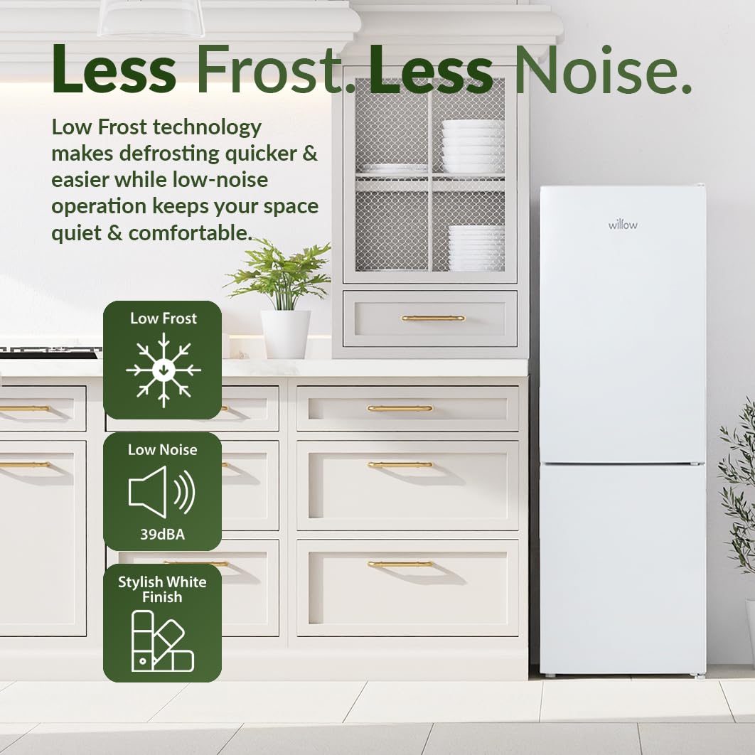 Willow WFF157W 157L Freestanding 70/30 Fridge Freezer with Adjustable Thermostat, Mark-Proof Finish, Low Frost, 2 Year Warranty - White