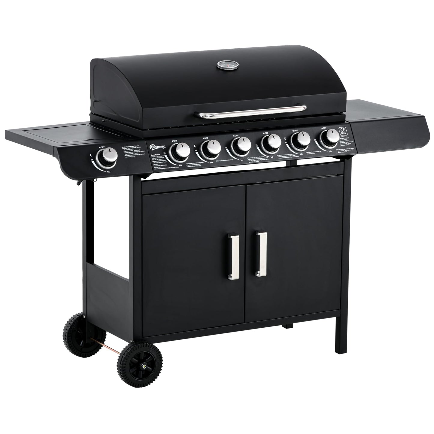 Outsunny 6+1 Burner Gas BBQ Grill, Outdoor Barbecue Trolley with Wheels, Warming Rack, Side Shelves, Cabinet, Thermometer for Garden, Party, Camping, 135 x 51.5 x 100cm, Black