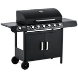 Outsunny 6+1 Burner Gas BBQ Grill, Outdoor Barbecue Trolley with Wheels, Warming Rack, Side Shelves, Cabinet, Thermometer for Garden, Party, Camping, 135 x 51.5 x 100cm, Black