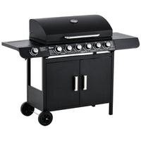 Outsunny 6+1 Burner Gas BBQ Grill, Outdoor Barbecue Trolley with Wheels, Warming Rack, Side Shelves, Cabinet, Thermometer for Garden, Party, Camping, 135 x 51.5 x 100cm, Black
