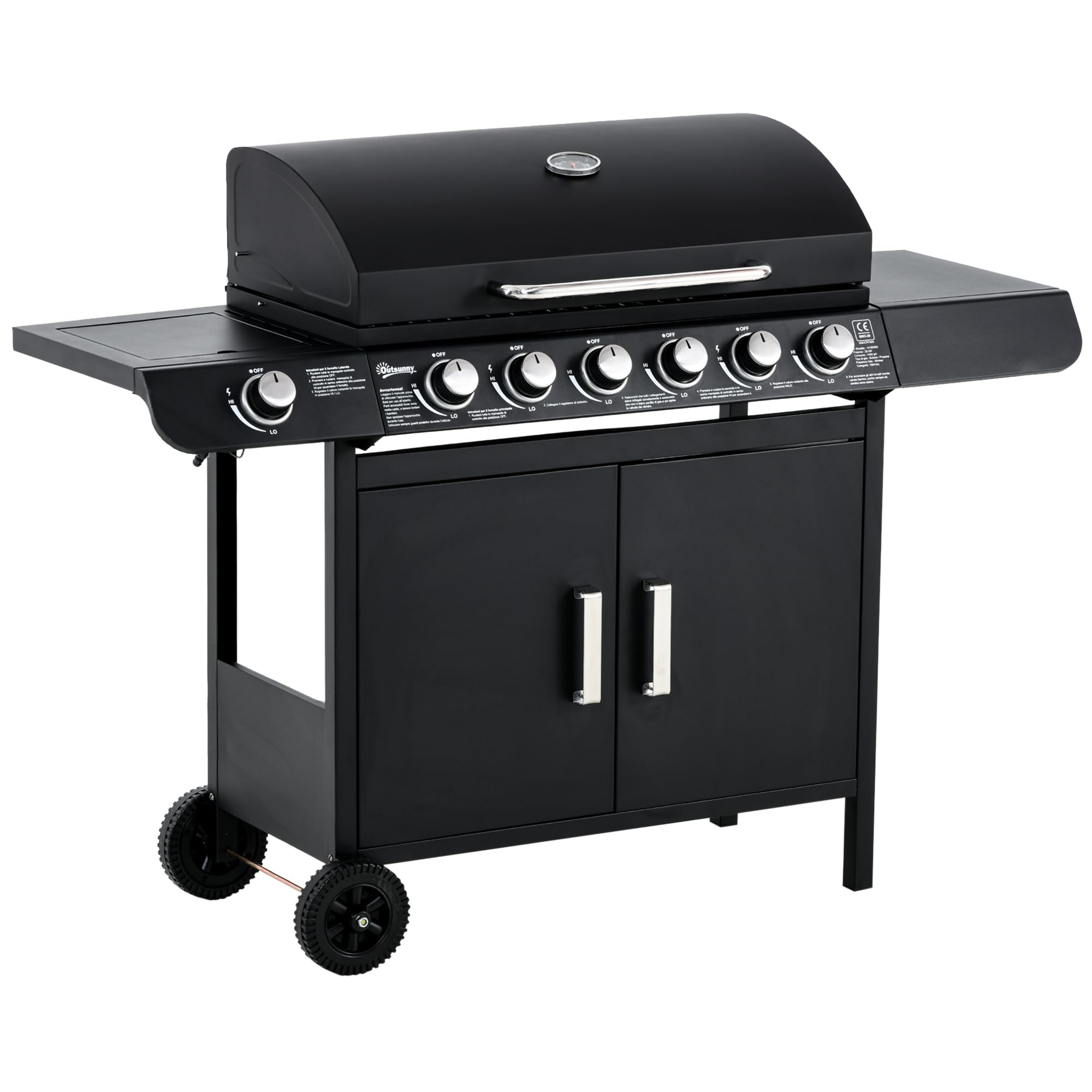 Outsunny 6+1 Burner Gas BBQ Grill, Outdoor Barbecue Trolley with Wheels, Warming Rack, Side Shelves, Cabinet, Thermometer for Garden, Party, Camping, 135 x 51.5 x 100cm, Black