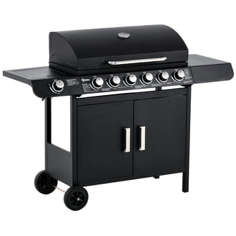compare product Outsunny 6+1 Burner Gas BBQ Grill, Outdoor Barbecue Trolley with Wheels, Warming Rack, Side Shelves, Cabinet, Thermometer for Garden, Party, Camping, 135 x 51.5 x 100cm, Black