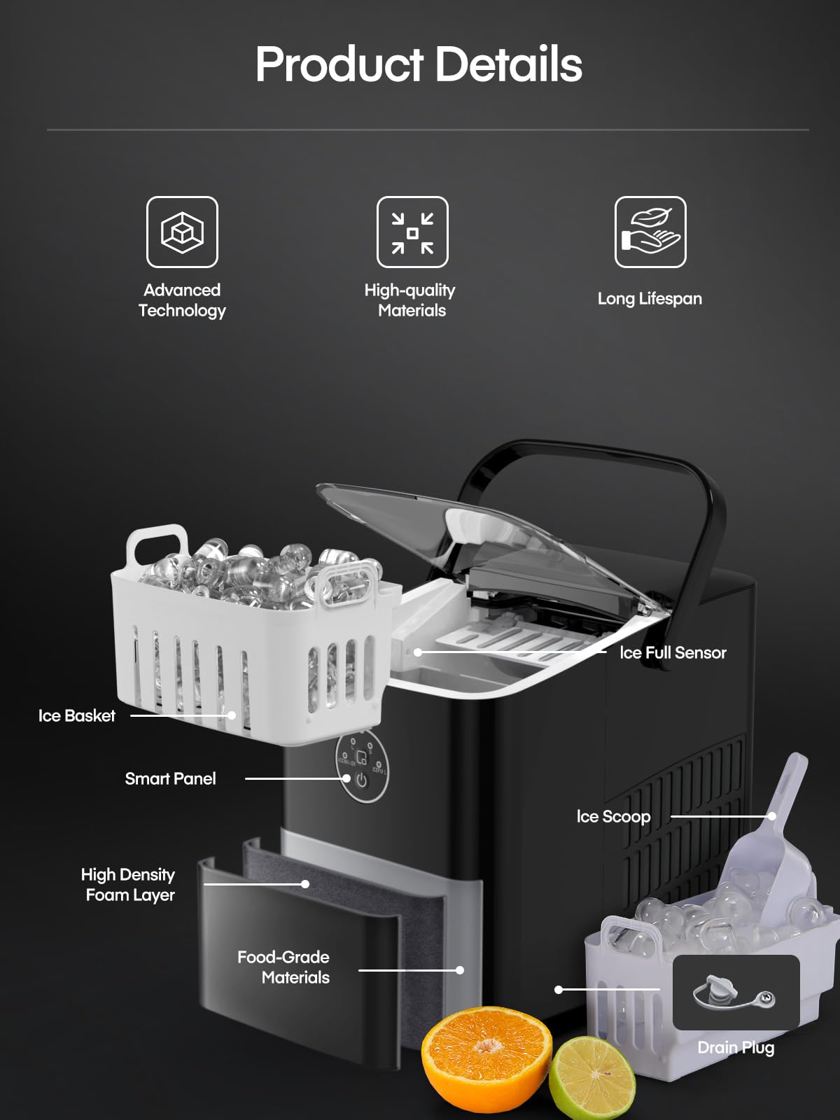 FOHERE Ice Maker Machine Countertop, 14KG in 24H, Ice Ready in 5 Mins, 2 Bullet Sizes, Portable Ice Cube Maker with Handle, Self-Cleaning, Scoop&Basket, Home/Kitchen/Office/RV