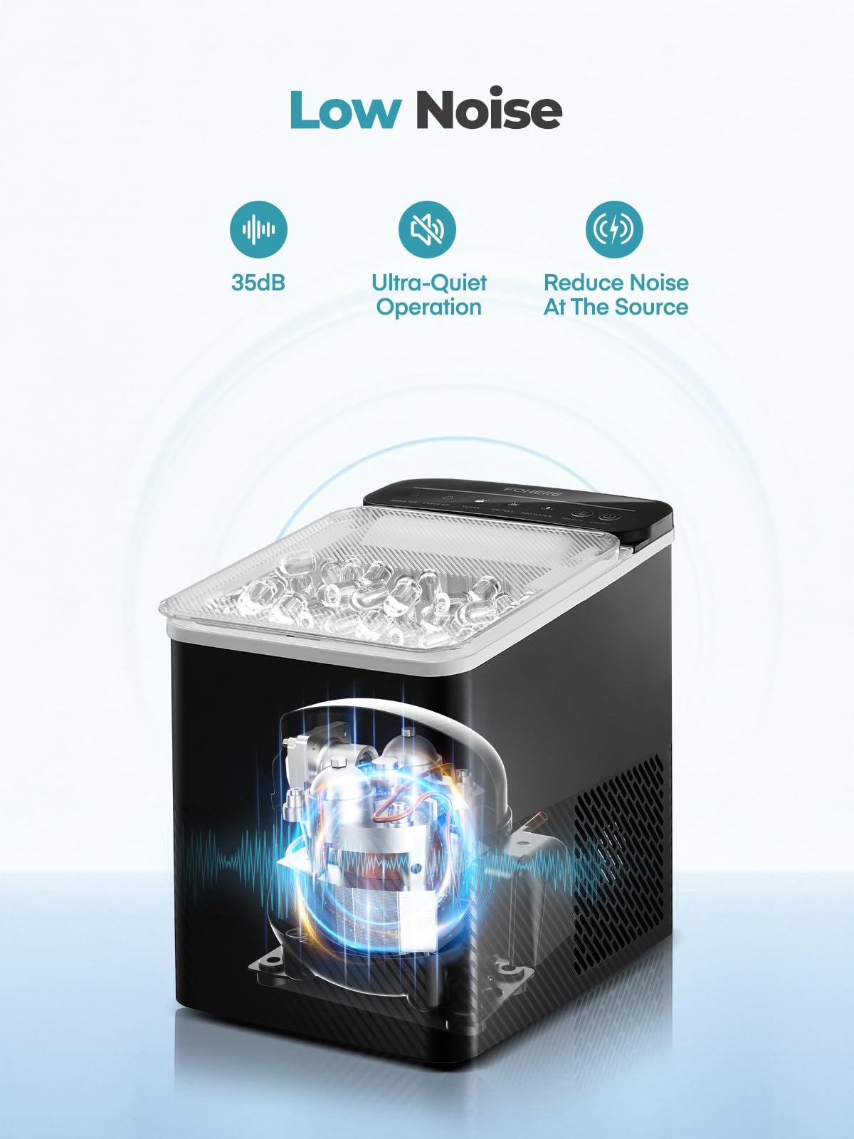 FOHERE Ice Maker Machine Countertop, 14KG Ice Cube Maker with Self-Cleaning Function, 9 Cubes in 5 Mins, 2 Bullet Ice Sizes, Portable Ice Machine with Ice Scoop & Basket (Black)
