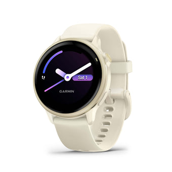 compare product Garmin vívoactive 6, 42mm GPS smartwatch, AMOLED touchscreen, all-day health monitoring, personalised fitness features, advanced sleep coaching, Music, up to 11 days battery life, Bone/Lunar Gold