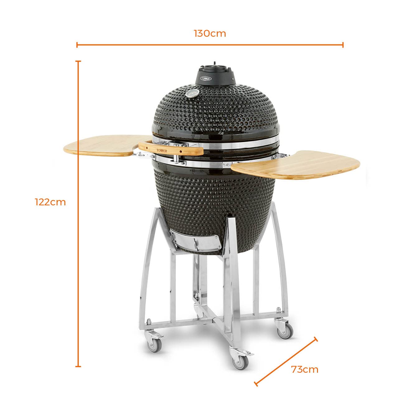 Tower Kamado XL Ceramic Charcoal BBQ with Collapsible Wooden Shelves, Built-in Thermometer and Waterproof Cover, Black, T978532