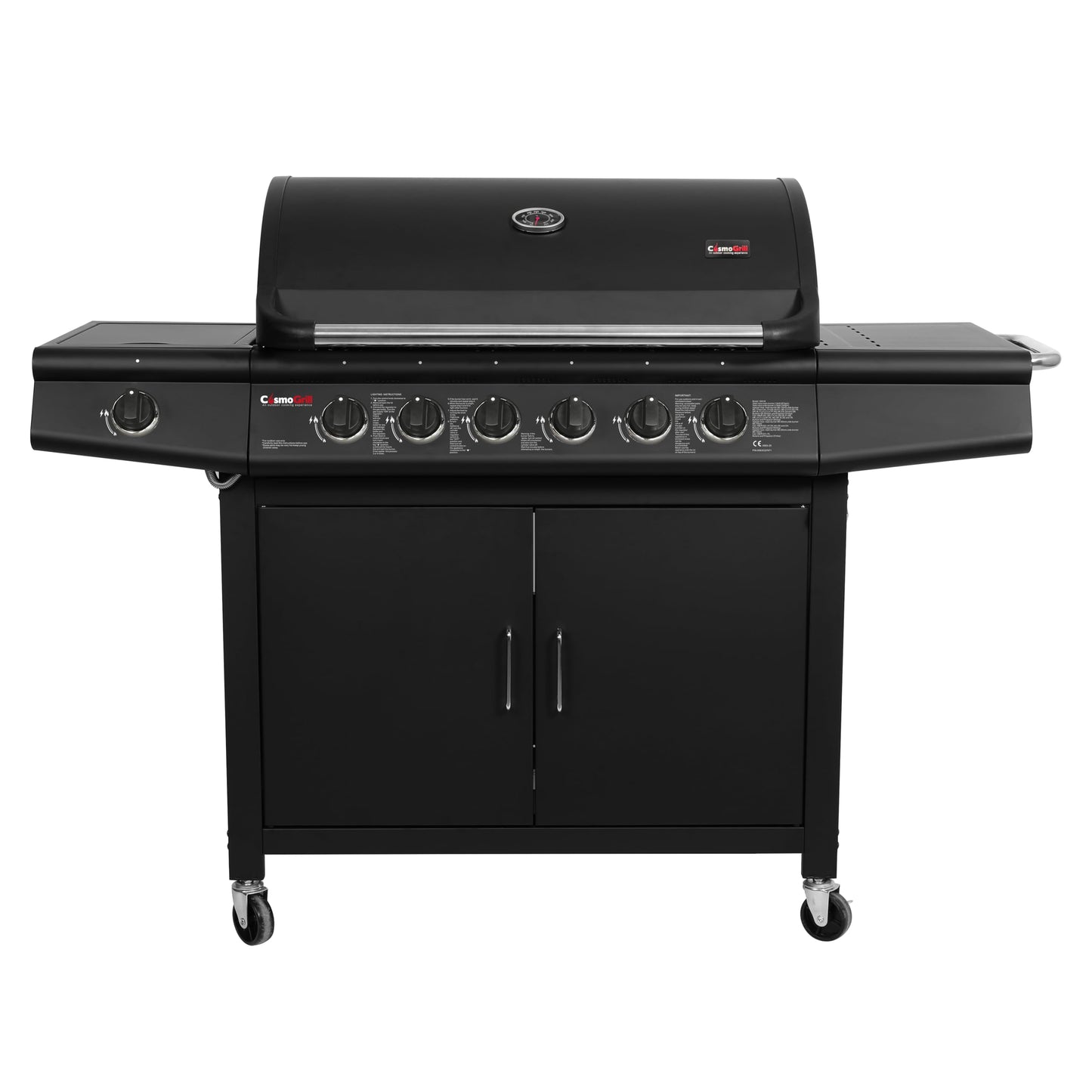 CosmoGrill Pro Deluxe 7 Gas Burner 6+1 Barbecue Grill Steel Warming Rack, Side-Burner, Built-in Temperature Gauge for Home Garden Party Outdoor Cooking (Black)