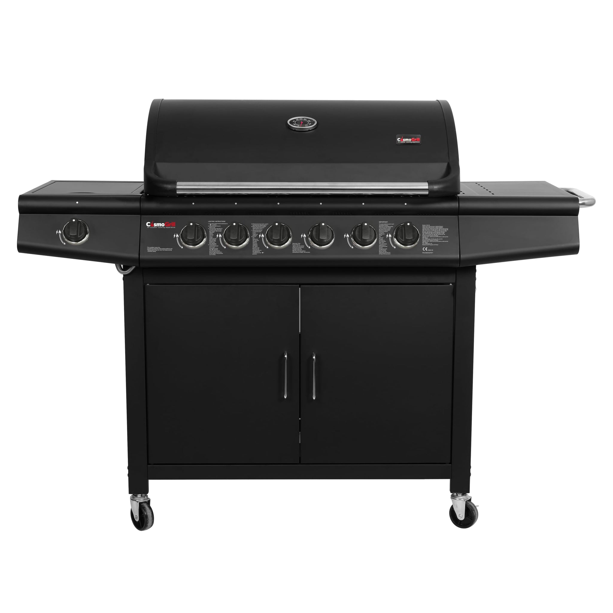 CosmoGrill Pro Deluxe 7 Gas Burner 6+1 Barbecue Grill Steel Warming Rack, Side-Burner, Built-in Temperature Gauge for Home Garden Party Outdoor Cooking (Black)