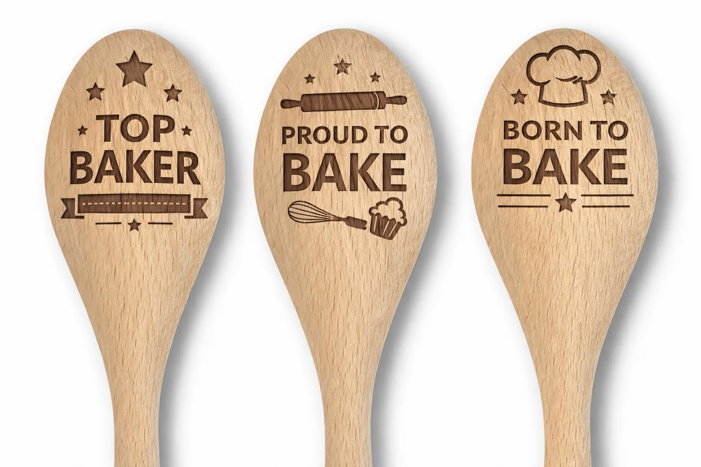 Wooden Baking Spoons Set with Engraved Designs, Top Baker, Proud to Bake, Born to Bake, Cooking Competition Prize Gift (Set of 3)