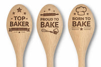 Wooden Baking Spoons Set with Engraved Designs, Top Baker, Proud to Bake, Born to Bake, Cooking Competition Prize Gift (Set of 3)