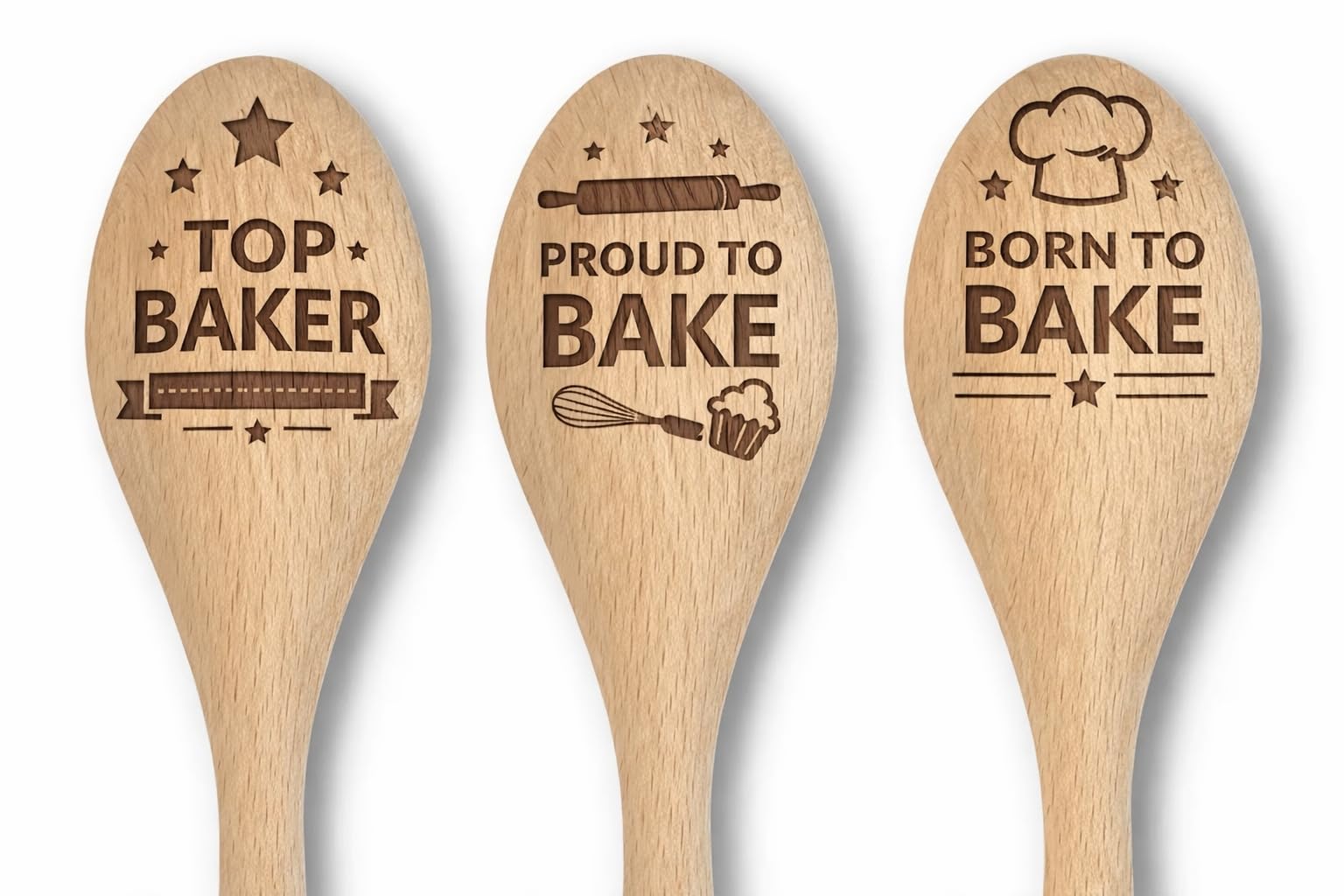 Wooden Baking Spoons Set with Engraved Designs, Top Baker, Proud to Bake, Born to Bake, Cooking Competition Prize Gift (Set of 3)